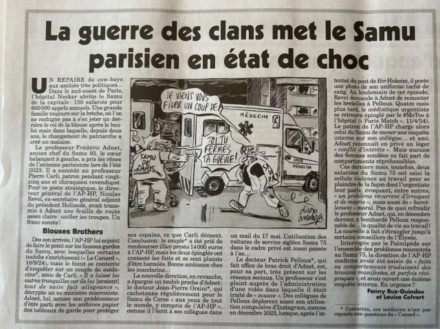 🔍 Le Canard s’est déchaîné pendant #santexpo, braquant ses plumes sur le #SAMU parisien…
Entre luttes de pouvoir, ambiances délétères, règlements de comptes et feuille de route en perdition, l’article a de quoi faire réagir.

🎭 Fiction exagérée ou réalité amère ? Peu importe.
Ce qui est certain, c’est que même dans les structures les plus prestigieuses, l’uniforme ne protège pas des égos, ni des manœuvres de coulisse.

➡️ dans le 44, et de mon prisme, on n’est peut-être pas parfaits.
Mais j’ai l’ai croyance qu’on tient la ligne, on tente de garder l’humain au cœur de la mission.
On pourra croire ce qu’on veut, mais l’herbe n’est pas forcément plus verte ailleurs. Ou sinon il faut oser aller voir et se reposer les bonnes questions …

📞 Les vraies urgences, ce sont celles qu’on gère en équipe, au quotidien, avec engagement et passion même si les moyens ne sont pas .

🫡 Force et respect à toutes celles et ceux qui, chaque jour et chaque nuit, tiennent leur poste.